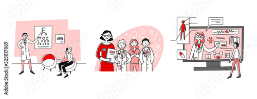 Medical consultation set. Patient visiting ophthalmologist, consulting online. Flat vector illustrations. Examination, hospital, healthcare concept for banner, website design or landing web page
