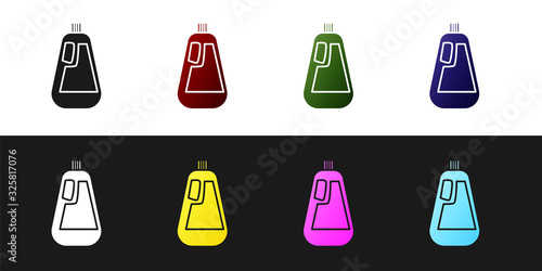 Set Plastic bottle for liquid laundry detergent, bleach, dishwashing liquid icon isolated on black and white background. Vector Illustration