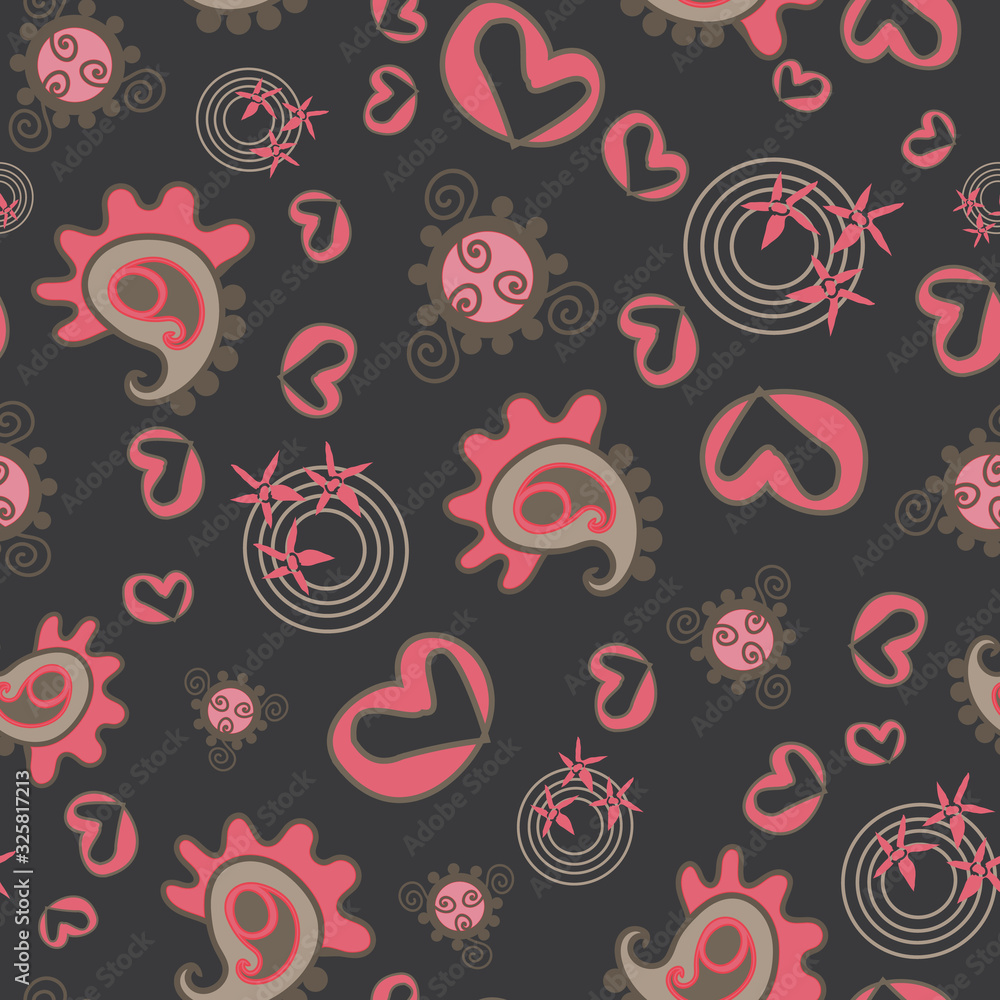 Flowers Night-Paisley Dreams seamless repeat pattern background. Modern paisely,hearts and abstract shapes pattern in pink cream and brown. Surface pattern design Perfect for fabric, scrap book