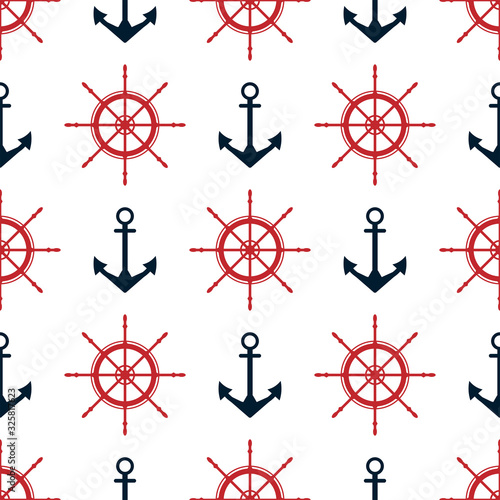 Seamless pattern with anchor and ship rudder. Marine print. Simple vector illustration.