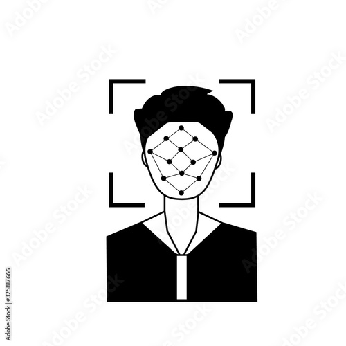 Silhouette of male head in recognition camera. Face Scan System Recognition outline icon. Biometric Identification Concept. Technology of human verification in modern devices. Vector