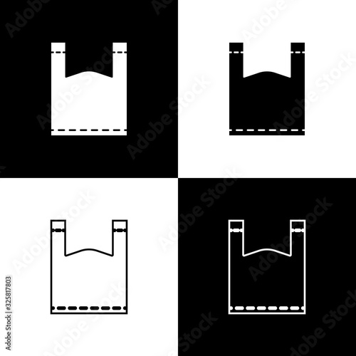 Set Plastic bag icon isolated on black and white background. Disposable cellophane and polythene package prohibition sign. Vector Illustration