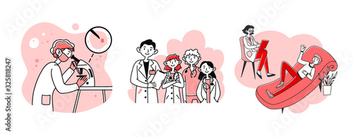 Medical occupation set. Patient visiting psychologist, doctor team, lab. Flat vector illustrations. Medicine, clinic, healthcare concept for banner, website design or landing web page