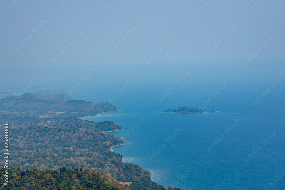View of Kalipur beach and Creagy island from the hike up Saddle Peak in the Andaman and Nicobar Islands, India. 