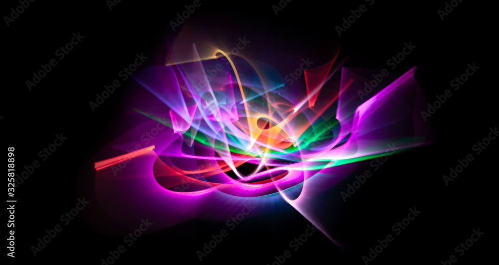 Abstract line motion of different colors, curves abstraction color explosion. Unrecognizable figure. Expressive sketch on black background isolated