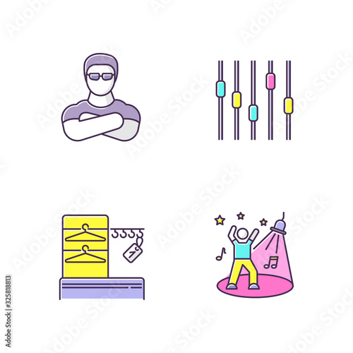 Nightclub RGB color icons set. Face control, late night party, night club discotheque symbols. Professional bouncer, wardrobe, dance floor and music equalizer isolated vector illustrations