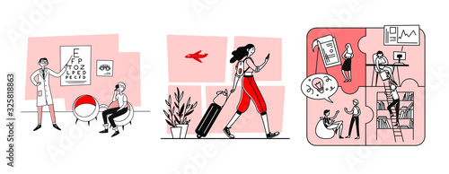 Healthcare, travel, office set. People visiting doctor, working on project, airport. Flat vector illustrations. Lifestyle, activity, vacation concept for banner, website design or landing web page