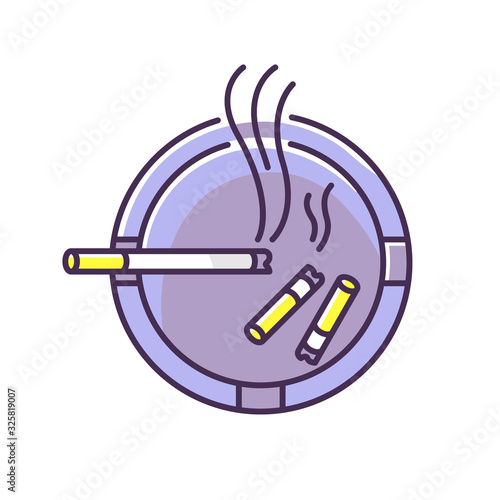 Ashtray RGB color icon. Smoking addiction, tobacco dependence. Health hazard, dangerous habit, unhealthy lifestyle symbol. Ash tray with burning cigarette and stubs isolated vector illustration
