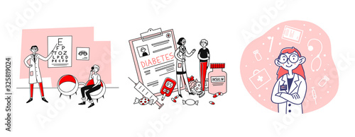 Medical examination set. Eyesight checking, diabetes diagnosis, doctor. Flat vector illustrations. Medicine, hospital, healthcare concept for banner, website design or landing web page