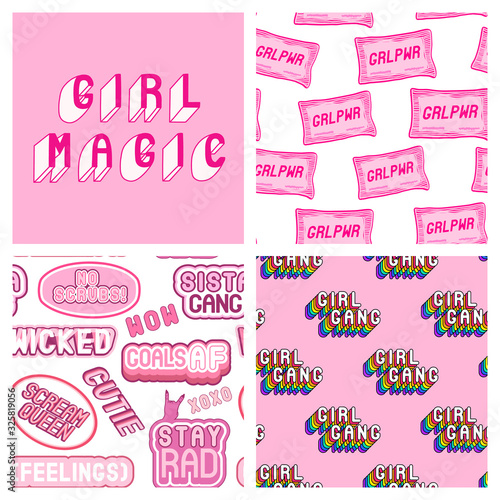 Set of feminist seamless patterns and a posters with a quote: "Girl Magic". Pink feminine vector backgrounds.	