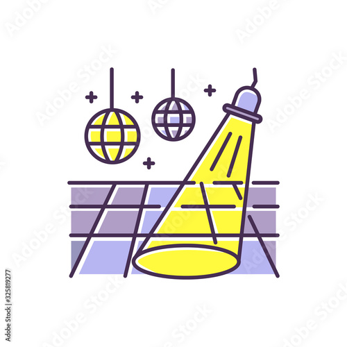 Dance floor RGB color icon. Night club recreation activity, nightclub party, clubbing lifestyle. Empty dancefloor, dancing stage with spotlights and disco ball isolated vector illustration