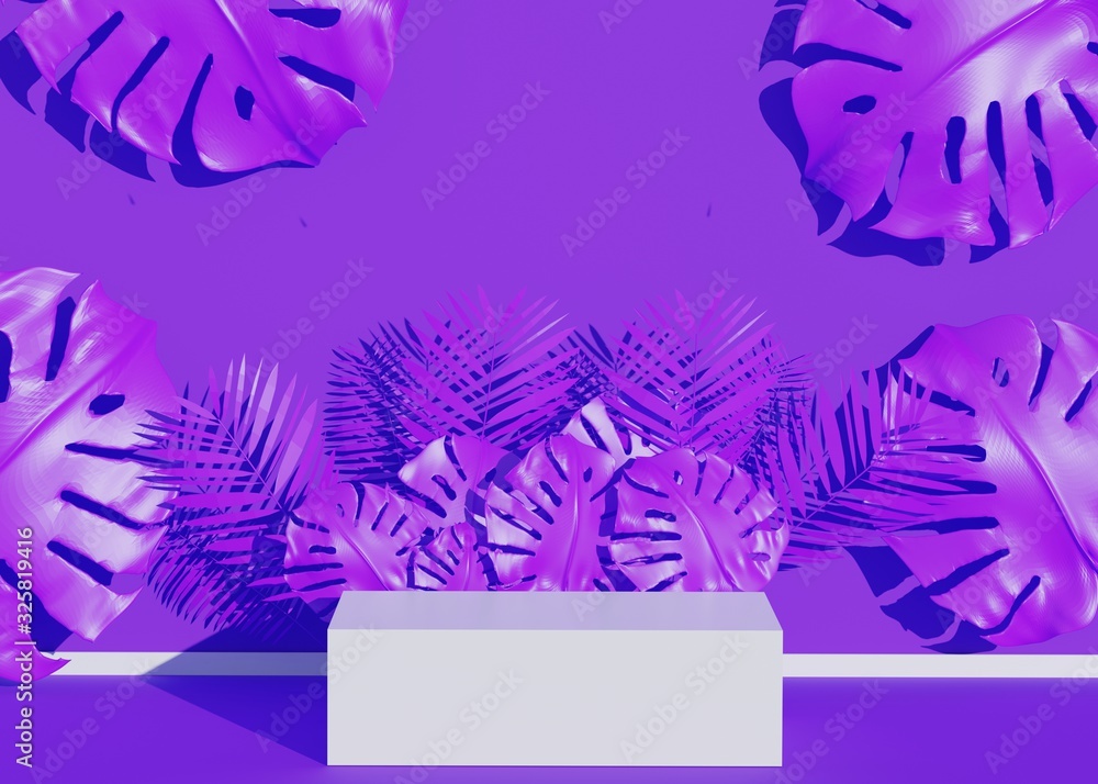 Fashion show stage podium with tropical palm leaves shadows and Monstera plant. Empty scene for product show and mock up. Summer time background