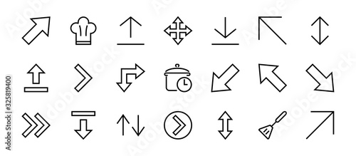 Set of line arrows, directions, arrows, contains icons such as pause, continuation, directly, to the right, Editable stroke. 480x480, On a white background, Vector illustration