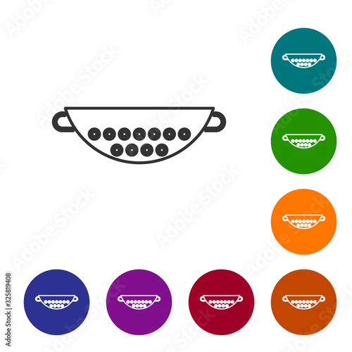 Grey line Kitchen colander icon isolated on white background. Cooking utensil. Cutlery sign. Set icons in color circle buttons. Vector Illustration