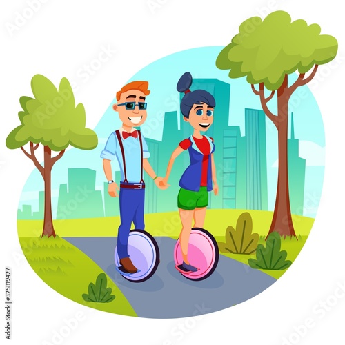 Lovers, Riding Smart Self Balancing Unicycles Along Paths in Local Park, Holding Hands. Guy in Pants with Red Suspenders and Bow Tie, Spending Weekend with His Girlfriend. Cute Cartoon Characters.