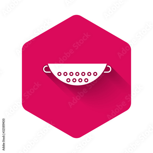 White Kitchen colander icon isolated with long shadow. Cooking utensil. Cutlery sign. Pink hexagon button. Vector Illustration