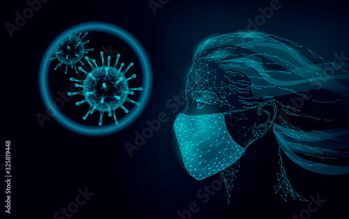 Woman face mask. Infection pneumonia prevention healthcare. 3D low poly female human blue glowing banner. Wear surgical medical mask against virus epidemic vector illustration