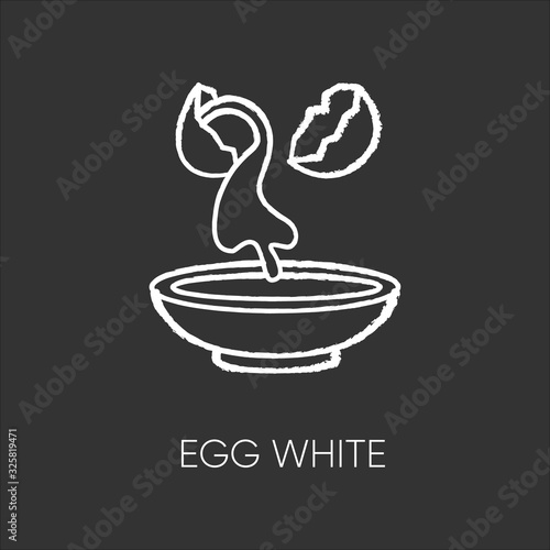 Egg white chalk white icon on black background. Cracked shell with albumen. Protein source. Natural moisturizer. Dermatology treatment with organic components. Isolated vector chalkboard illustration