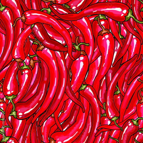 Vector seamless pattern with a lot of small red hot chili peppers with green ends. Bright colorful design for textile, wrapping paper.