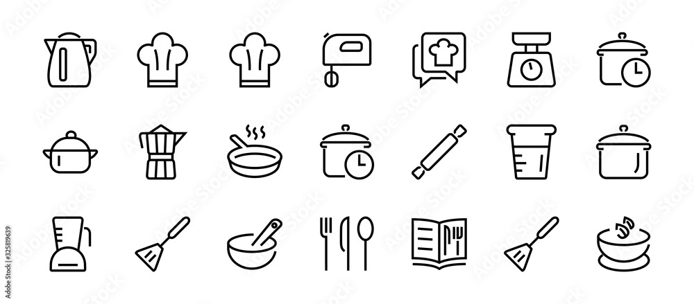 Set of icons for cooking and kitchen, vector lines, contains icons such as a knife, saucepan, boiling time, mixer, scales, recipe book. Editable stroke, perfect 480x480 pixels, white background.