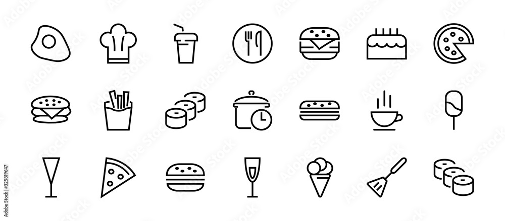 A simple set of fast food icons related to the vector line. Contains icons such as pizza, burger, sushi, bike, scrambled eggs and more. EDITABLE stroke. 480x480 pixels perfect, EPS 10 A simple set of fast food icons related to the vector line. Contains icons such as pizza, burger, sushi, bike, scrambled eggs and more. EDITABLE stroke. 480x480 pixels perfect, EPS 10