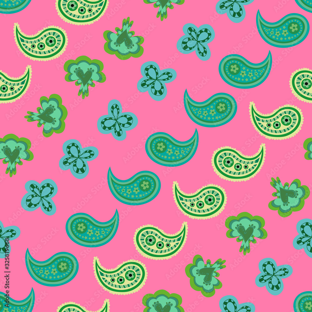 Lines of pink-Paisley Dreams seamless repeat pattern. Colorful lines pattern of paisely shapes. Fresh pattern in green,blue,yellow and pink. Surface pattern design Perfect for fabric, scrap book,
