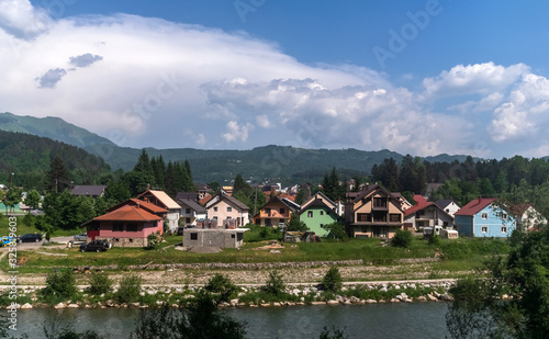 Rural landscape with mountains and houses in Zabljak Municipality, Montenegro