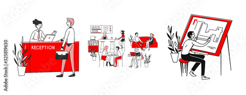 Different occupations set. Receptionist at desk, barista in coffee shop, architect with blueprint. Flat vector illustrations. Job, work concept for banner, website design or landing web page