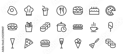 A simple set of fast food icons related to the vector line. Contains icons such as pizza, burger, sushi, bike, scrambled eggs and more. EDITABLE stroke. 480x480 pixels perfect, EPS 10