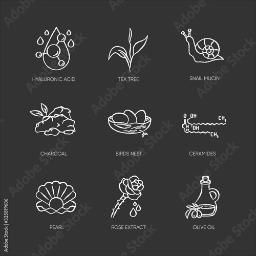 Cosmetic ingredient chalk white icons set on black background. Chemical formula for cosmetology. Natural skincare products. Organic components. Isolated vector chalkboard illustrations