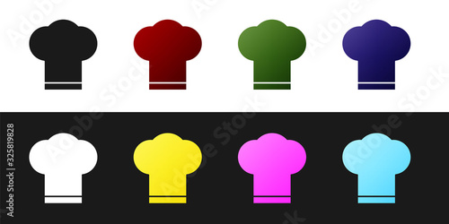 Set Chef hat icon isolated on black and white background. Cooking symbol. Cooks hat. Vector Illustration