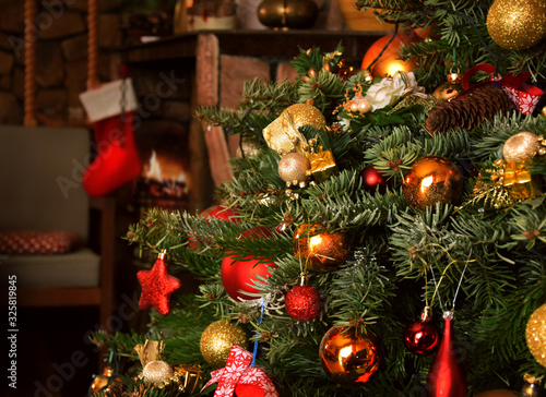 Choinka i kominek święta Bożego Narodzenia 