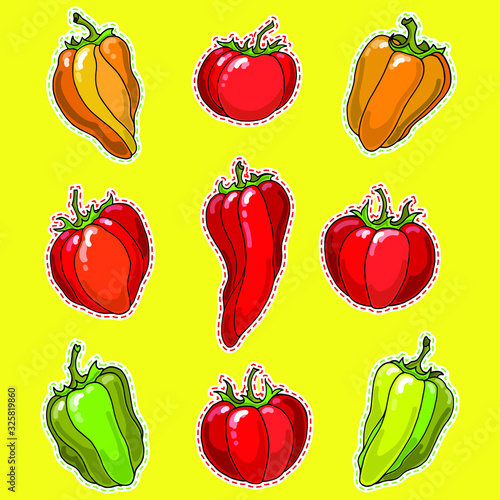 Vector set of stickers with colorful fresh vegetables . Tomatos, red , green, yellow peppers. 