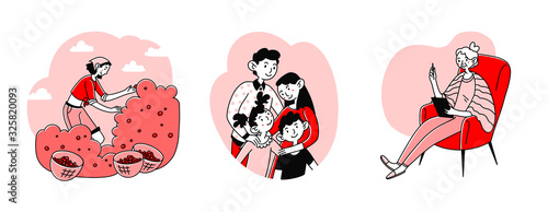 Leisure and recreation set. Gardener picking berries, happy family hugging, grandma. Flat vector illustrations. Activity, relaxation, hobby concept for banner, website design or landing web page
