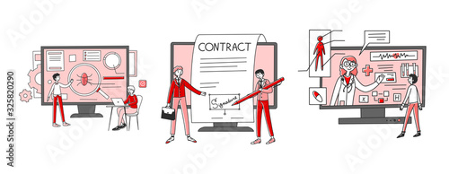 Using application set. People using apps for testing software, contract, consulting doctor. Flat vector illustrations. Internet, online service concept for banner, website design or landing web page