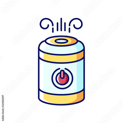 Air cleaner, steam humidifier blue, yellow and red RGB color icon. Household appliance, ionizer, water vaporizer, air purifier, healthcare domestic device. Isolated vector illustration