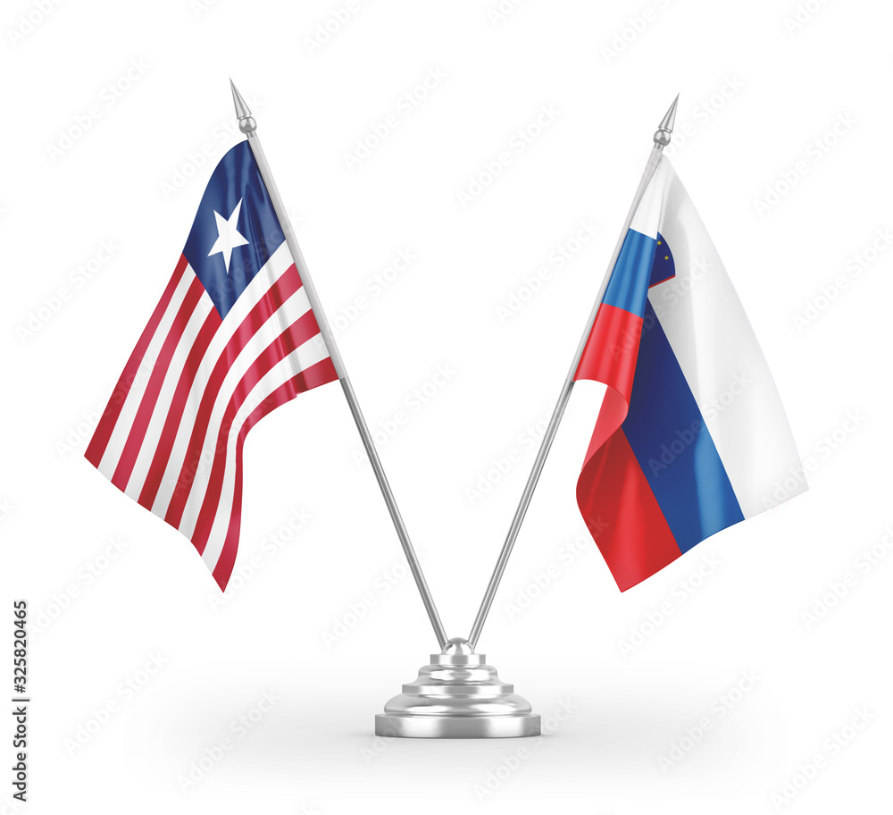 Slovenia and Liberia table flags isolated on white 3D rendering