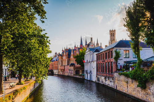 View of Bruges old town reflecting in the water canal, Belgium