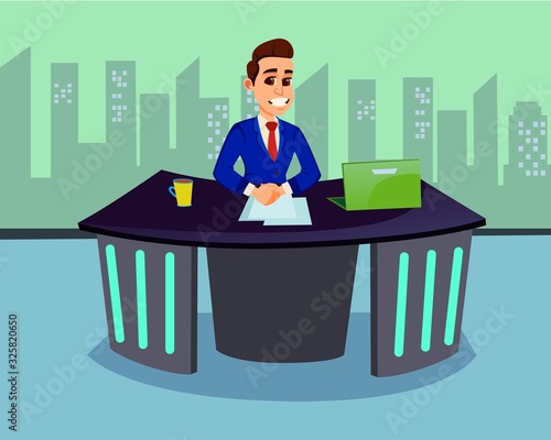 Cartoon Man Breaking News Anchor Character Broadcasting News on TV. Media Industry. Worker Reports, Journalist. Anchorman Leading Television Program from Channel Studio. Vector Flat Illustration