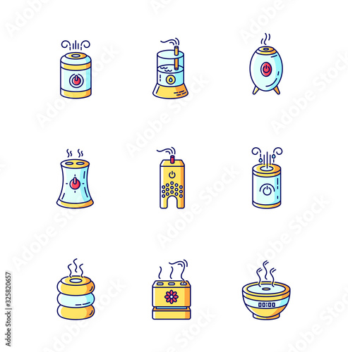 Air ionizers variety blue, yellow and red RGB color icons set. Ultrasonic and steam air humidifiers, climate control devices, room humidity regulators. Isolated vector illustrations