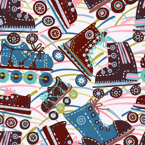 Seamless vector pattern with retro colourful roller skates with flowers. The design is perfect for advertisements, wrapping paper, background design, textile and packages.