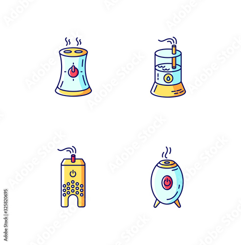 Water evaporators blue, yellow and red RGB color icons set. Air humidifiers, climate control household appliances, premises humidity level regulators. Isolated vector illustrations