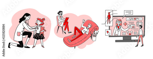 Patient consulting doctor set. Pediatrician, psychologist, online consultation. Flat vector illustrations. Medicine, clinic, healthcare concept for banner, website design or landing web page