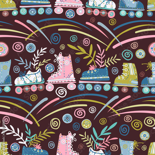 Seamless vector pattern with retro colourful roller skates with flowers. The design is perfect for advertisements, wrapping paper, background design, textile and packages.