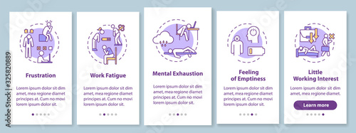 Burnout onboarding mobile app page screen with concepts. Mental exhaustion. Feeling of emptiness. Work fatigue walkthrough 5 steps graphic instructions. UI vector template with RGB color illustrations