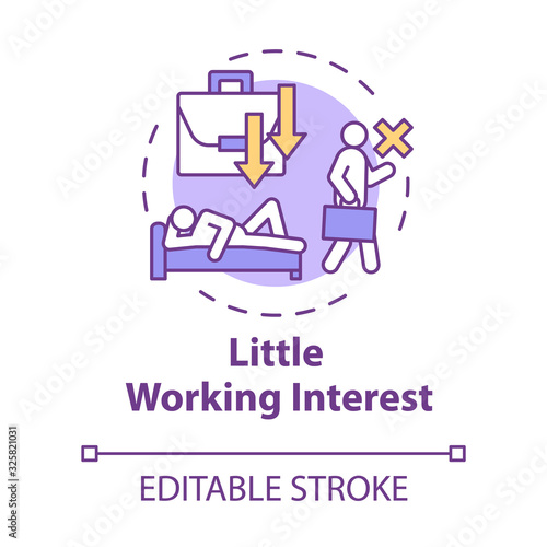 Little working interest concept icon. Lazy man. Tired and unhappy employee. Take nap. Burnout symptom idea thin line illustration. Vector isolated outline RGB color drawing. Editable stroke