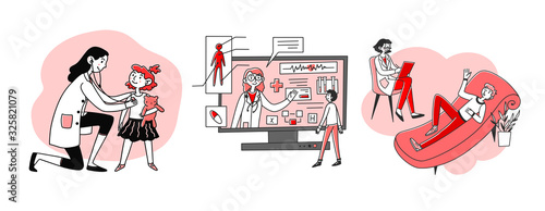 Medical support set. Pediatrician examining child, online consultation, psychologist. Flat vector illustrations. Medicine, clinic, healthcare concept for banner, website design or landing web page