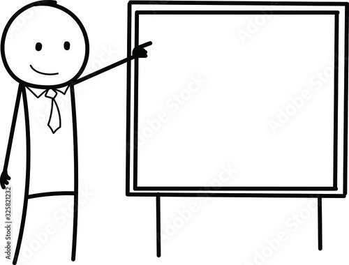 Cartoon stick figure explaining conceptual illustration of man or businessman holding empty board and pointing at it,  vector isolated