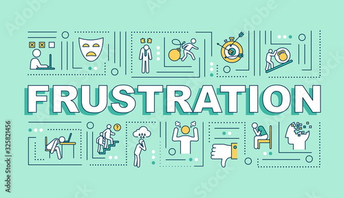 Frustration word concepts banner. Failure. Feeling helpless. Negative attitude. Infographics with linear icons on green background. Isolated typography. Vector outline RGB color illustration