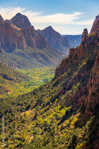 Idyllic shot of Zion Canyon taken from Angels Landing on sunny day, Zion National Park, Utah, USA photo